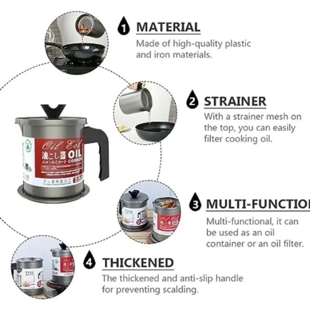 1.4L Stainless Steel Cooking Oil Filter & Storage Container with Lid and Strainer