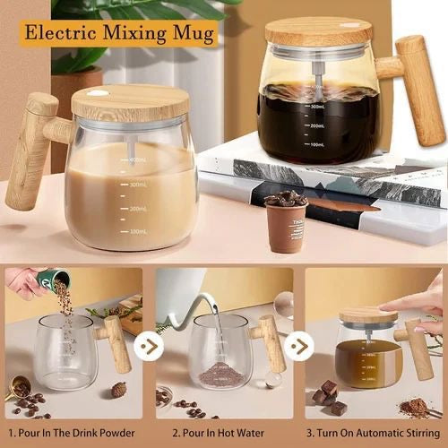 Electric Glass Mixer with Wooden Handle – 400ml Touch-Activated Stirring Mug