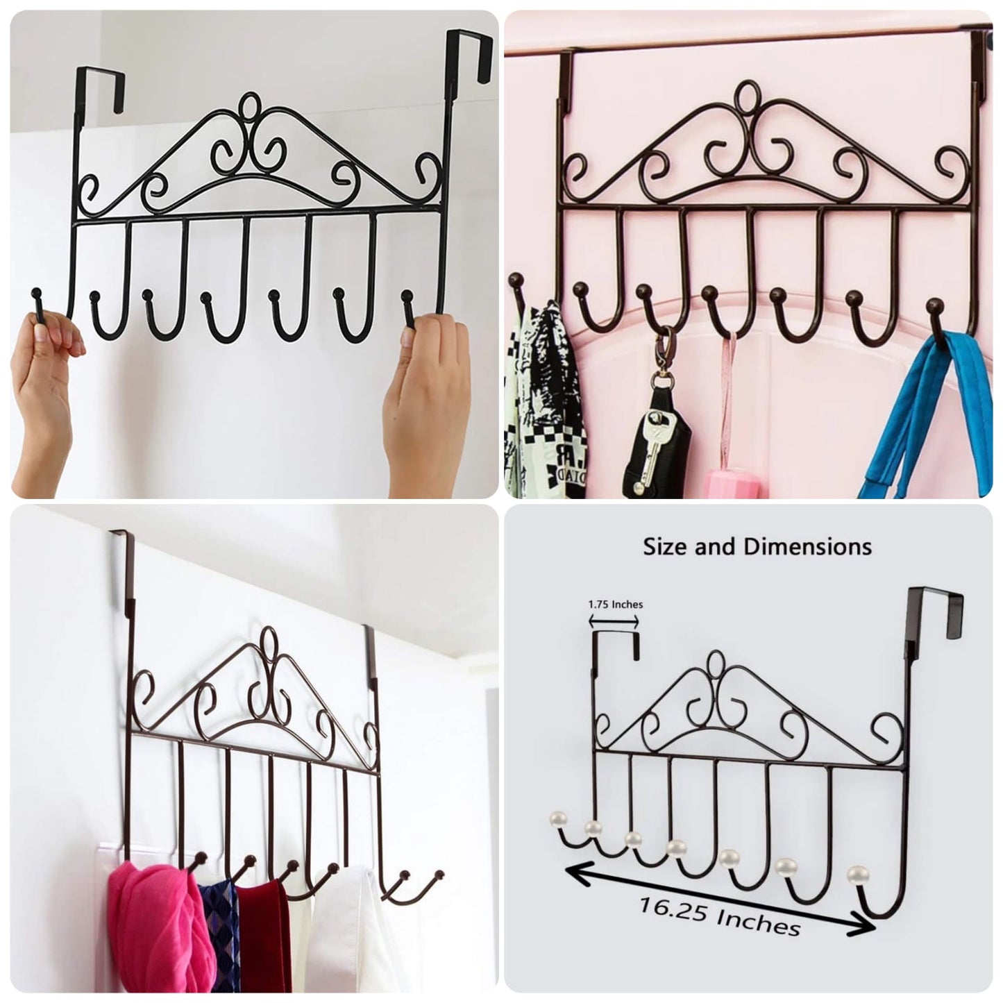 Over-the-Door Metal Hook Rack – Decorative 7-Hook Hanger for Clothes, Bags & Accessories