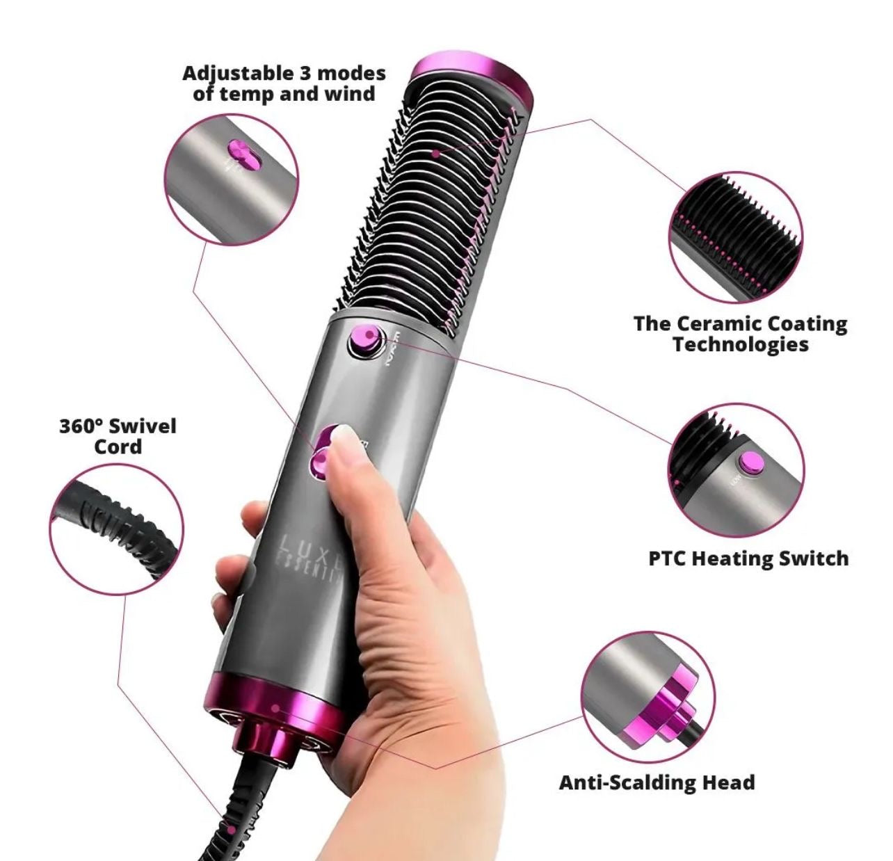 3-in-1 Electric Hair Straightening Brush – Hot Air Straightener & Comb for Girls