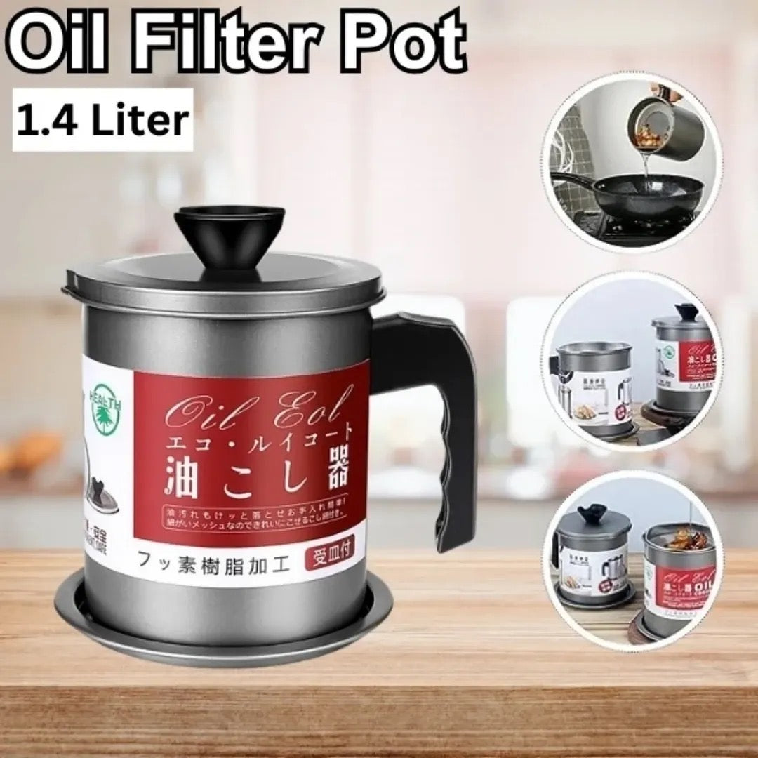 1.4L Stainless Steel Cooking Oil Filter & Storage Container with Lid and Strainer