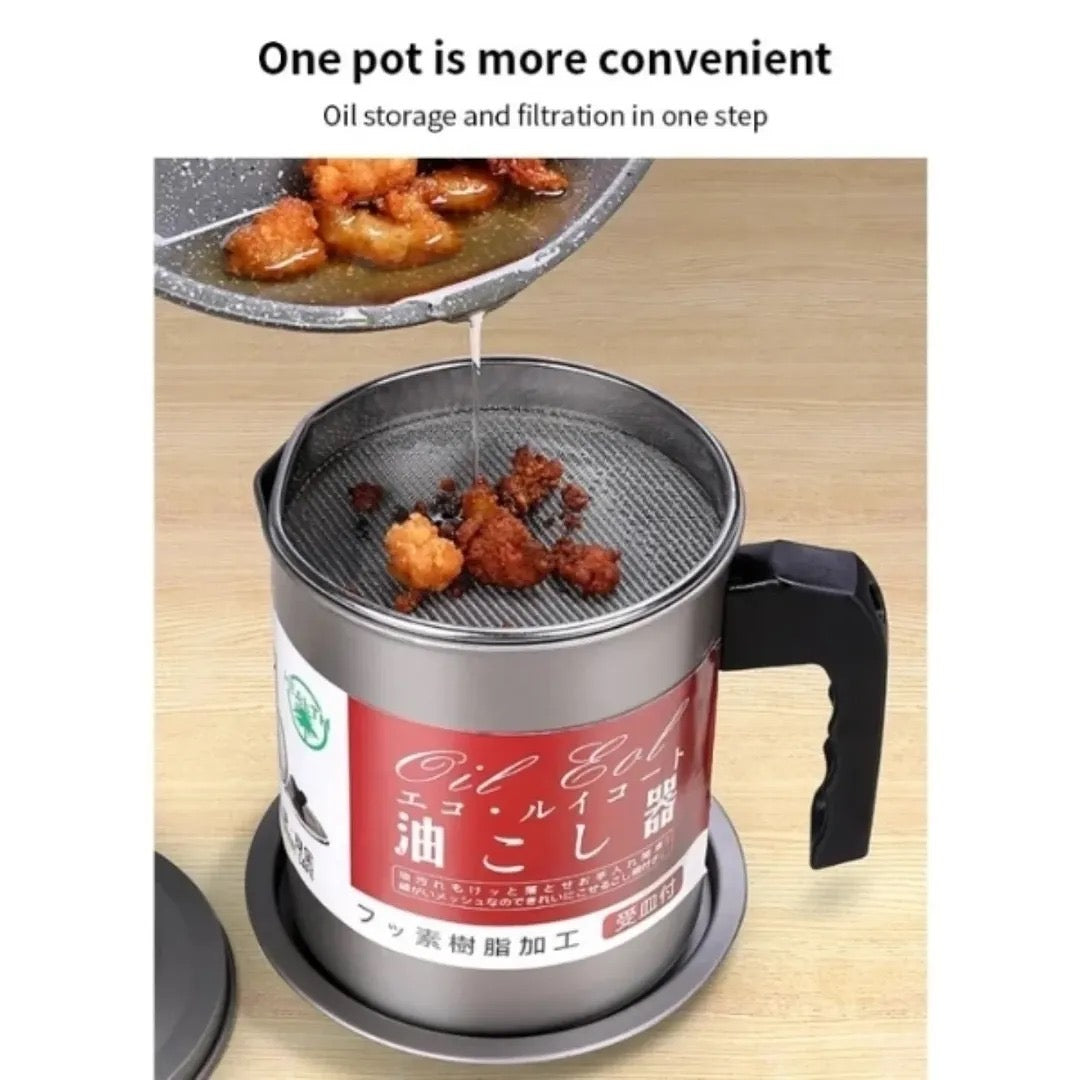 1.4L Stainless Steel Cooking Oil Filter & Storage Container with Lid and Strainer