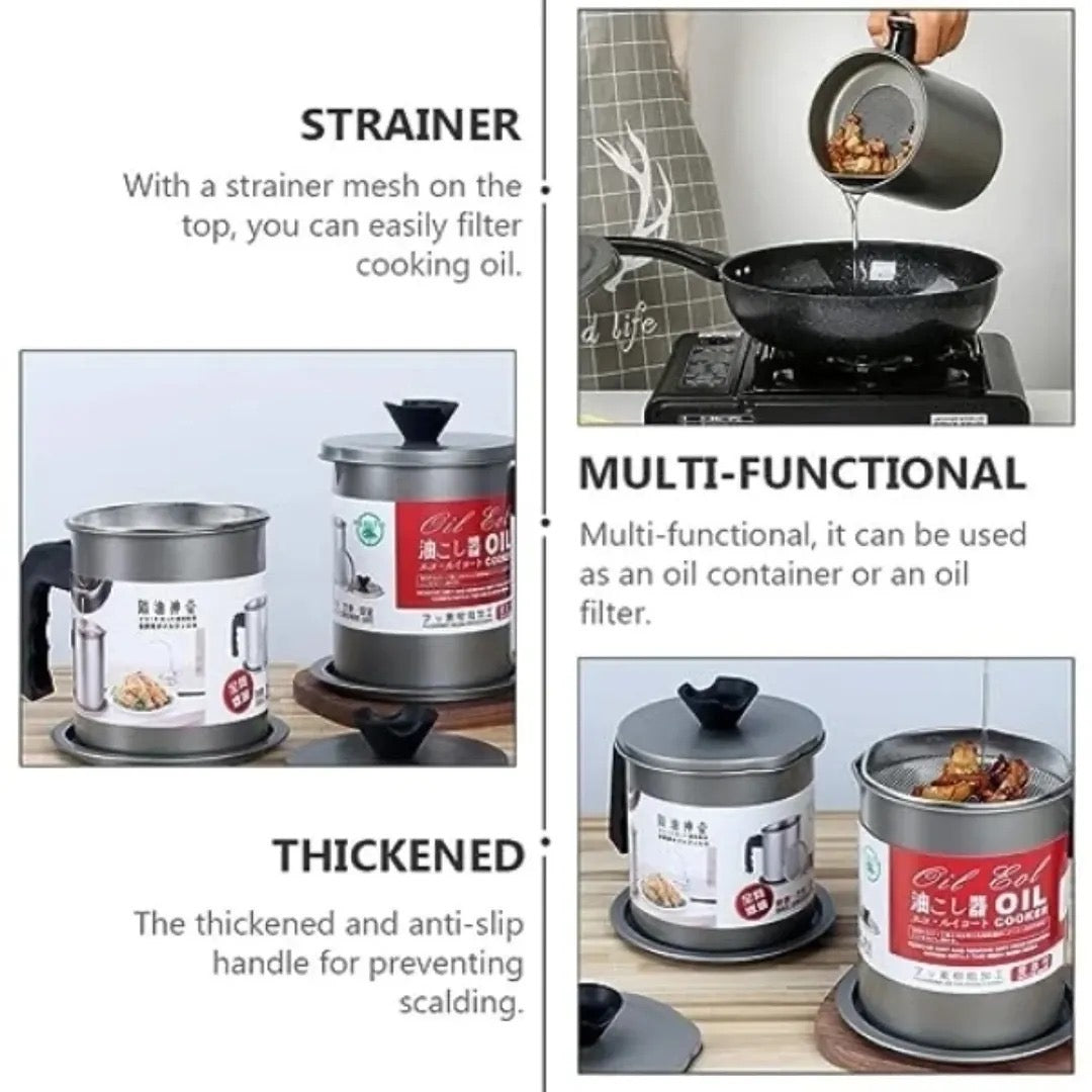 1.4L Stainless Steel Cooking Oil Filter & Storage Container with Lid and Strainer