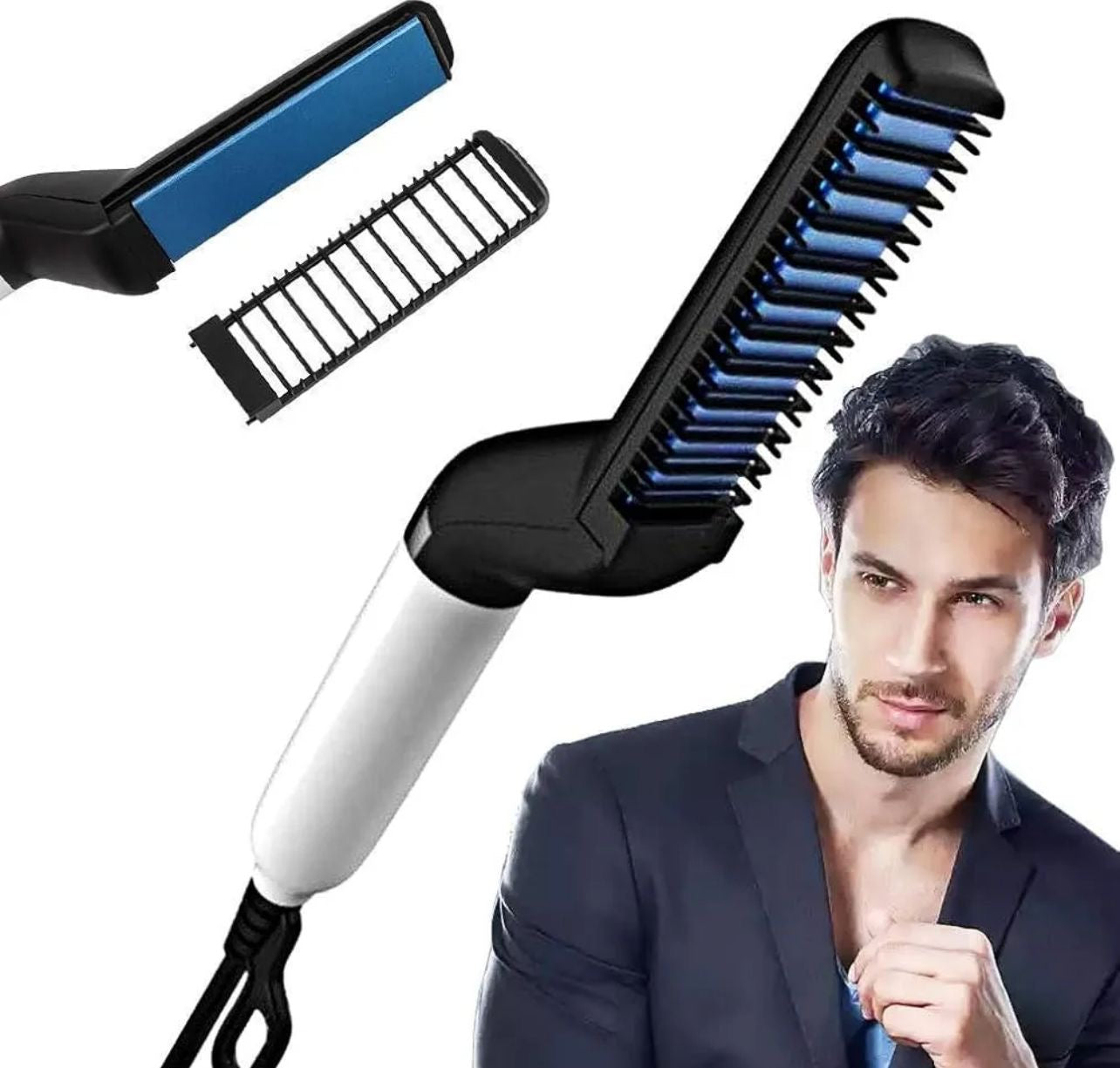 Men’s Quick Beard & Hair Styler – Electric Straightener & Curling Brush