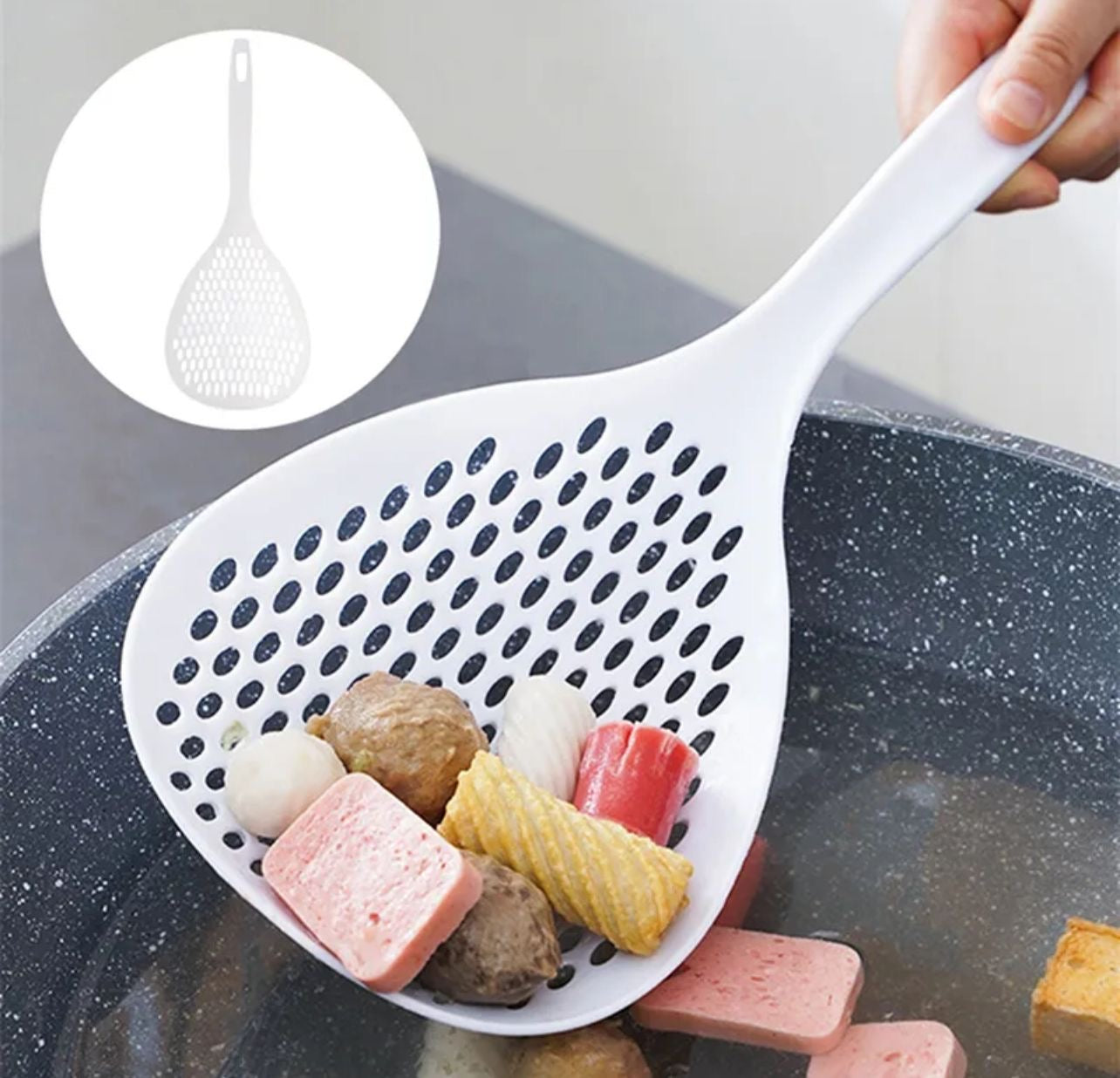 Japanese-Style Noodles Colander & Cooking Utensil – Long Handle Strainer Spoon for Easy Draining