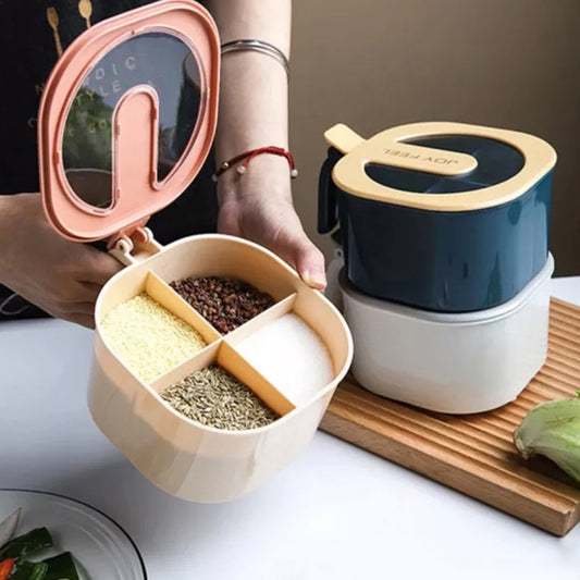 4-Compartment Spice Storage Box – Multi-Section Seasoning Organizer with Lid & Spoon