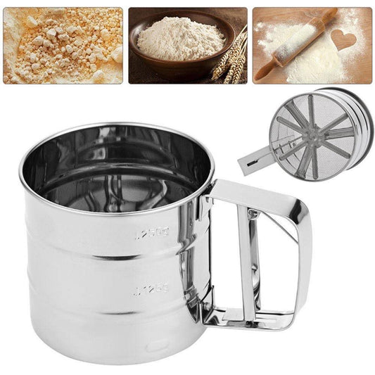 Stainless Steel Flour Sifter – Handheld Baking Sieve with Squeeze Handle