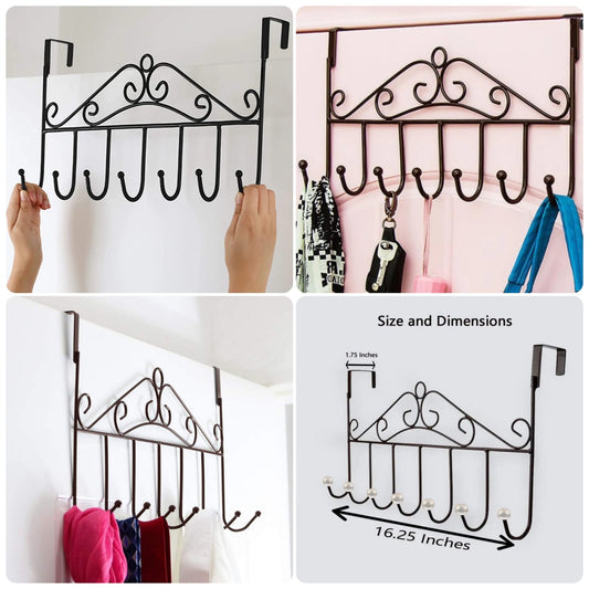 Over-the-Door Metal Hook Rack – Decorative 7-Hook Hanger for Clothes, Bags & Accessories