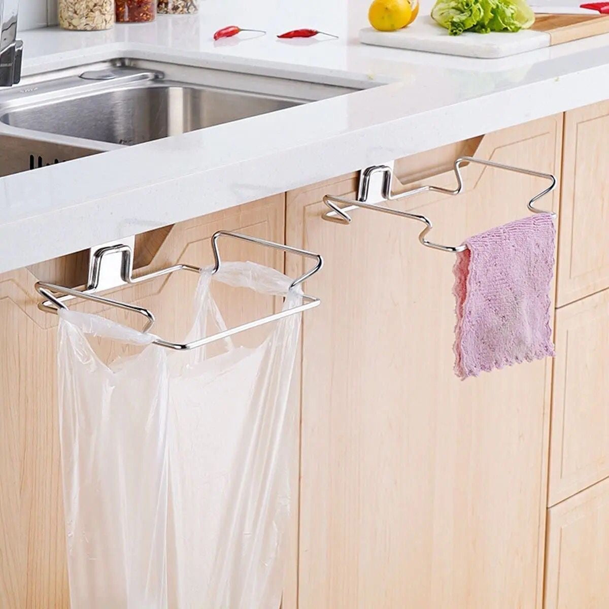 Over-the-Cabinet Door Hanging Trash Bag Holder – Stainless Steel Garbage Bag Rack
