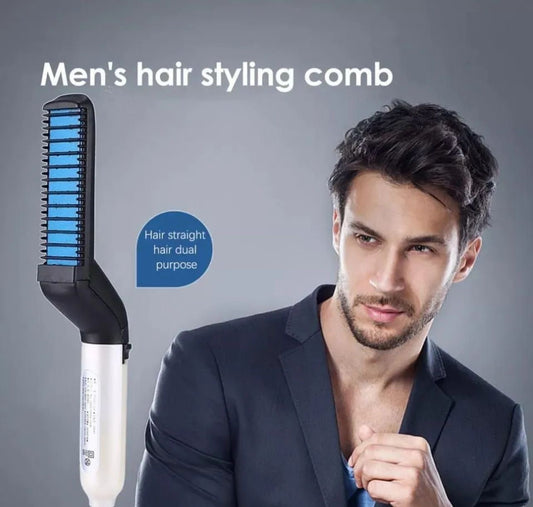 Men’s Quick Beard & Hair Styler – Electric Straightener & Curling Brush