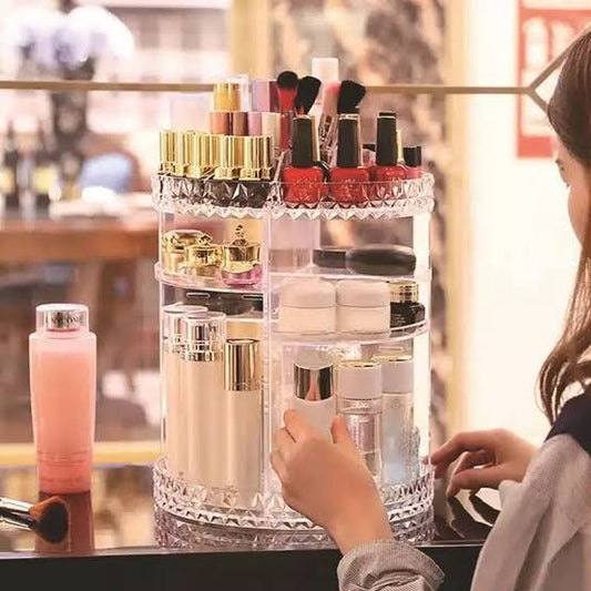 360° Rotating Makeup Organizer – Adjustable Cosmetic Storage for Vanity & Countertops