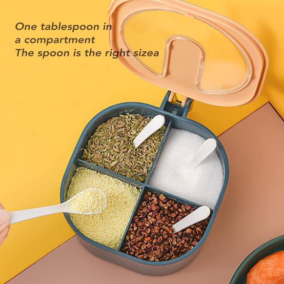 4-Compartment Spice Storage Box – Multi-Section Seasoning Organizer with Lid & Spoon
