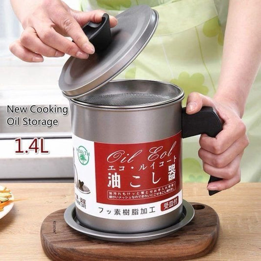 1.4L Stainless Steel Cooking Oil Filter & Storage Container with Lid and Strainer