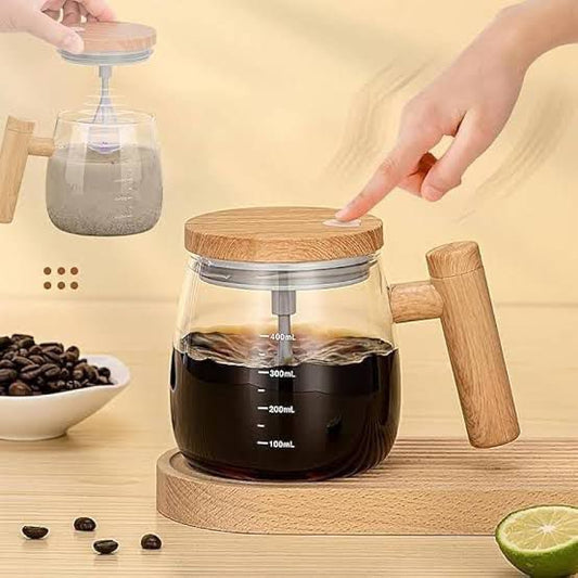 Electric Glass Mixer with Wooden Handle – 400ml Touch-Activated Stirring Mug